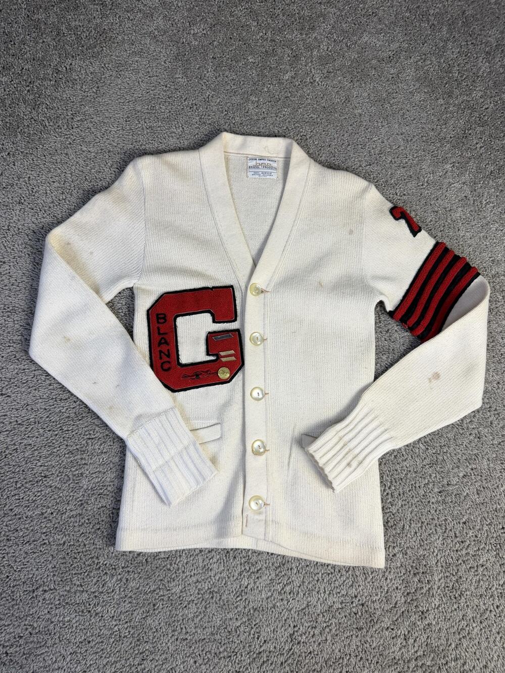 Vintage 60s BPC Bristol Products Sweater Mens XS Letterman G Patch Cardigan